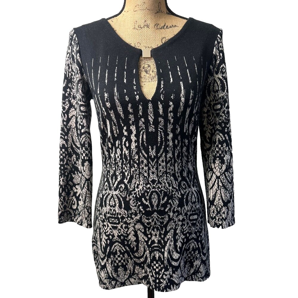 Ana Alcazar Black Ivory Paisley Soft Knit Tunic Top Keyhole Sz S Made in Europe